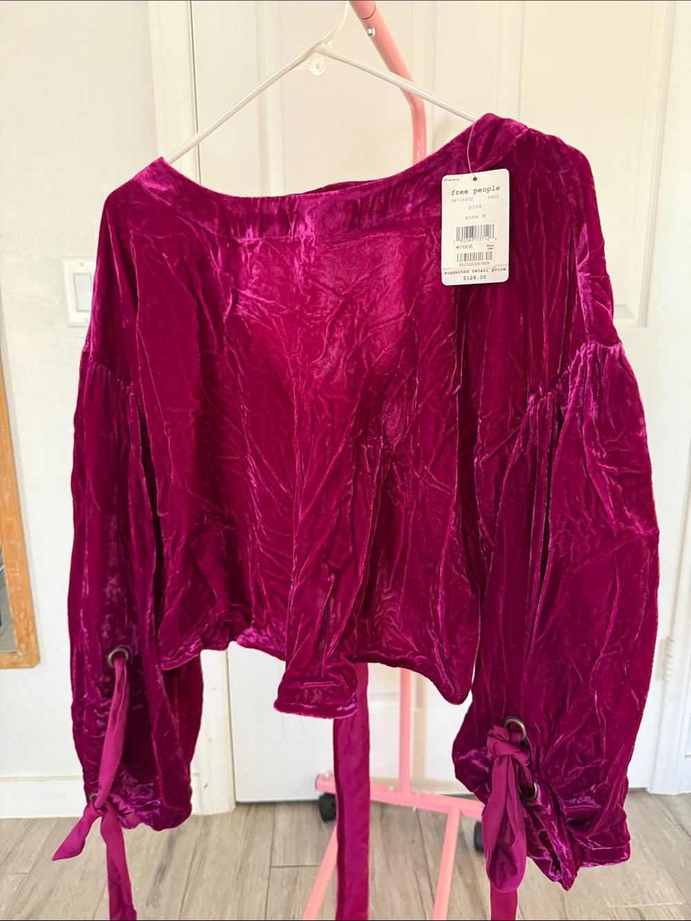 Free People Magenta Velvet Tie-Sleeve Blouse